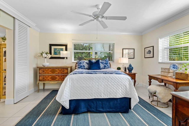 1015 Ingraham Ave Unit 11, Delray Beach, FL 33483 - bedroom featuring crown molding, light tile patterned floors, and ceiling fan