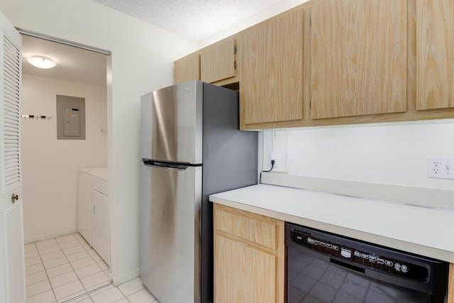 kitchen with light brown cabinets, stainless steel fridge, electric panel, black dishwasher, and washing machine and dryer