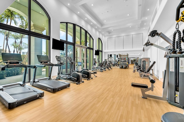 gym featuring recessed lighting, a towering ceiling, and light wood finished floors