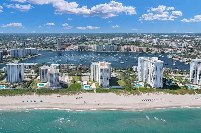 bird's eye view with a view of city, a beach view, and a water view