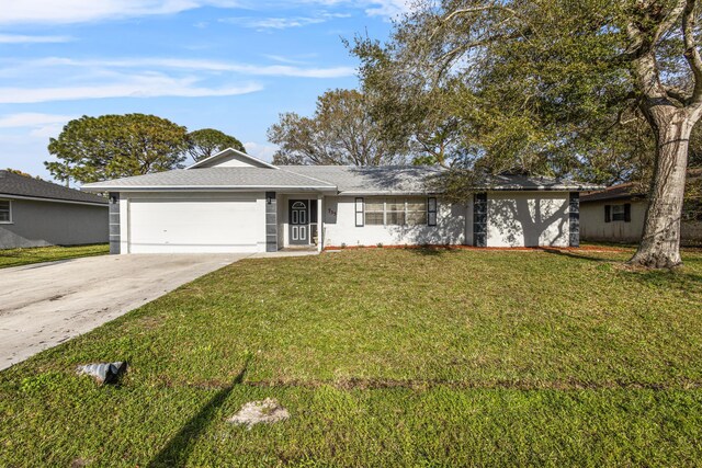 single story home featuring a garage and a front lawn