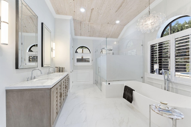 bathroom with vanity, a notable chandelier, ornamental molding, wooden ceiling, and shower with separate bathtub