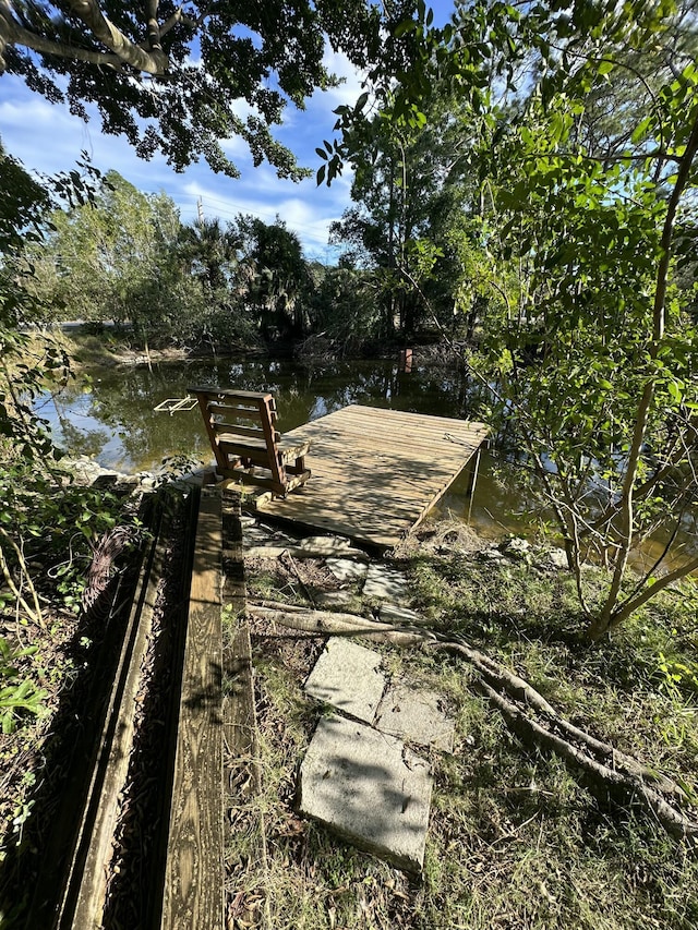 view of yard with a water view and a boat dock