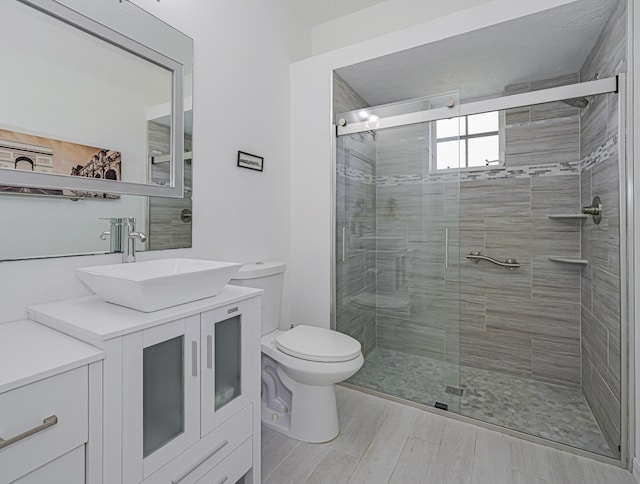 bathroom with vanity, a shower with door, and toilet