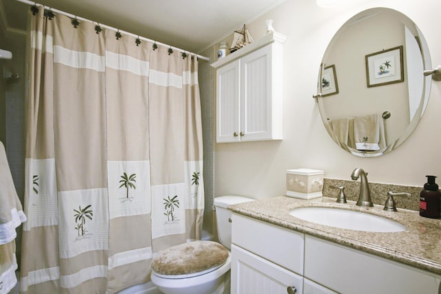 bathroom with vanity, toilet, and a shower with shower curtain