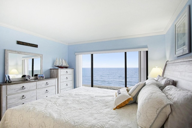 bedroom featuring ornamental molding and a water view