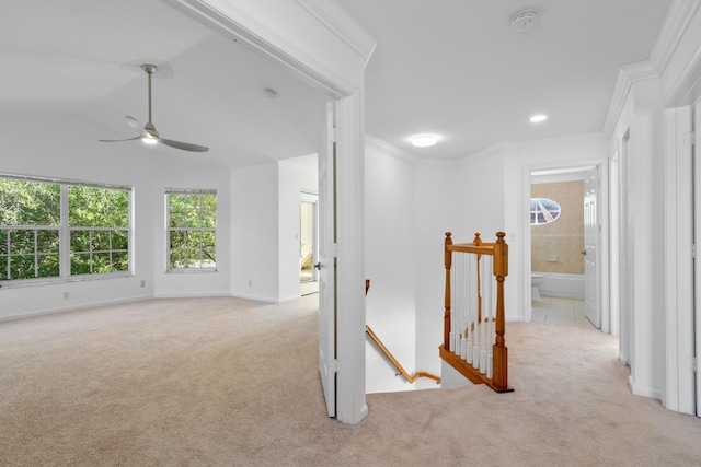 hall featuring crown molding, vaulted ceiling, and light carpet