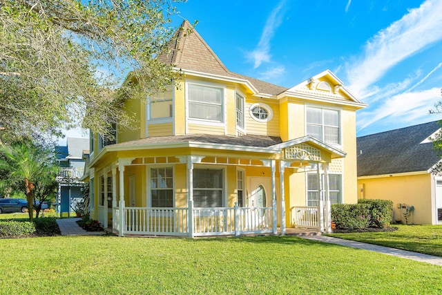 victorian-style house featuring a front yard and covered porch