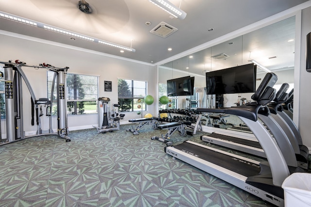 workout area with ornamental molding and carpet flooring