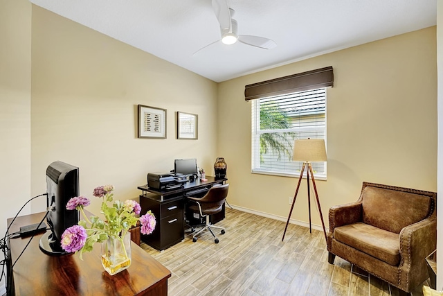 office area with ceiling fan and light wood-type flooring