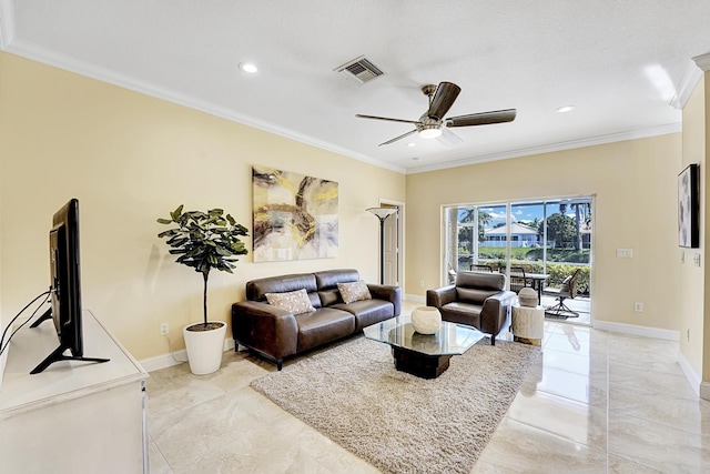 living room featuring ornamental molding and ceiling fan