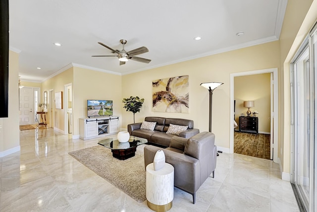 living room with crown molding and ceiling fan