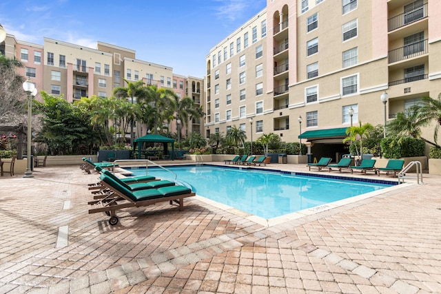 view of pool featuring a gazebo and a patio