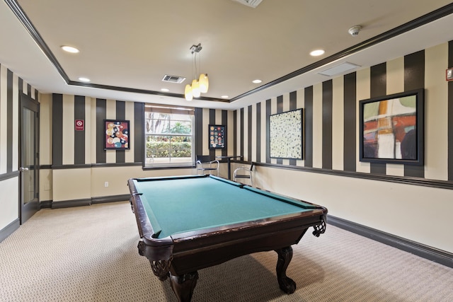 playroom featuring a raised ceiling, light colored carpet, and pool table