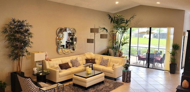 tiled living room with vaulted ceiling