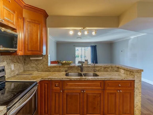 kitchen with sink, crown molding, stainless steel appliances, tasteful backsplash, and kitchen peninsula