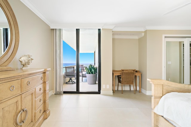 bedroom with expansive windows, ornamental molding, light tile patterned floors, and access to outside