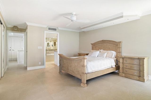 tiled bedroom with connected bathroom, crown molding, and ceiling fan