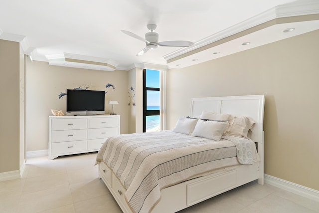 bedroom with ornamental molding, ceiling fan, and light tile patterned flooring