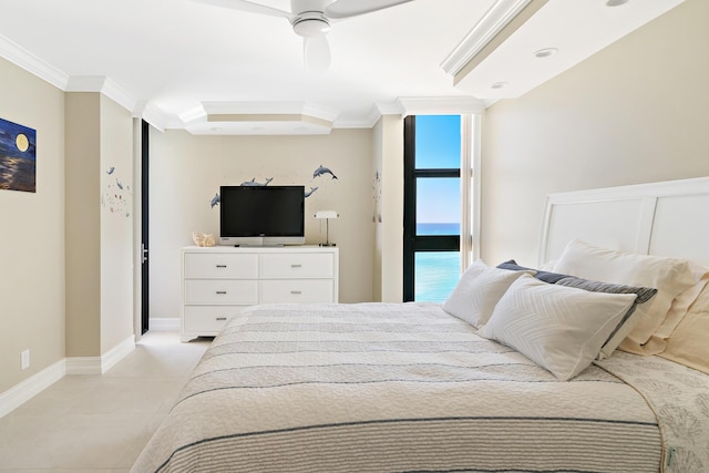 tiled bedroom featuring crown molding and ceiling fan