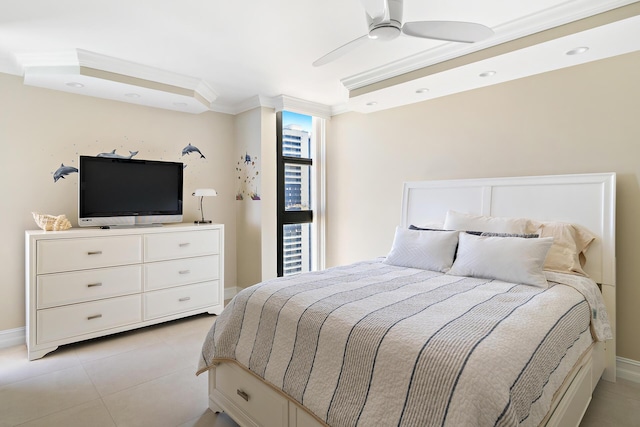 bedroom featuring crown molding, ceiling fan, and light tile patterned floors