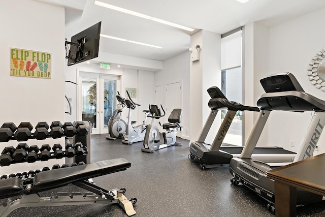 workout area featuring french doors