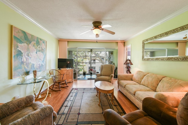 living room featuring crown molding, hardwood / wood-style floors, and a textured ceiling