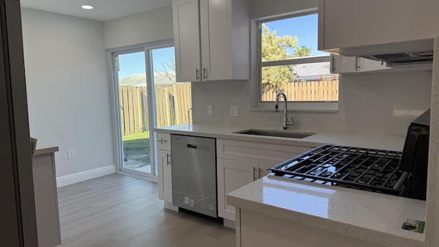 kitchen featuring white cabinetry, sink, backsplash, stainless steel dishwasher, and light wood-type flooring