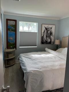 bedroom featuring ornamental molding and wood-type flooring