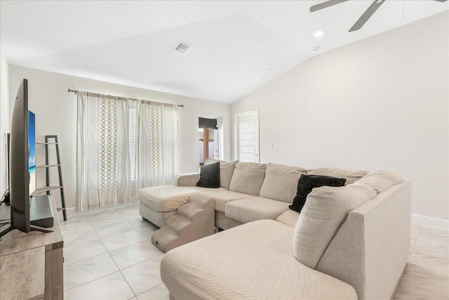 living room featuring lofted ceiling and ceiling fan