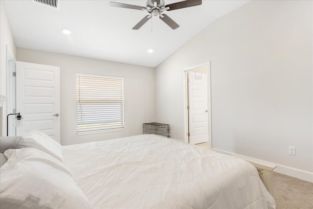 carpeted bedroom featuring ceiling fan and lofted ceiling