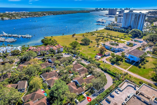 drone / aerial view with a water view