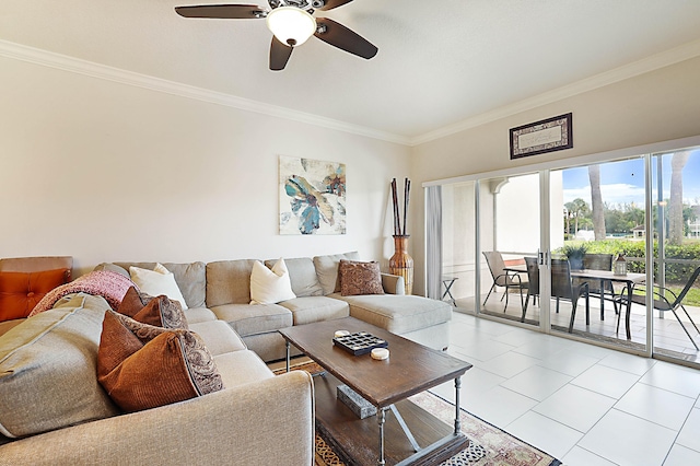 tiled living room featuring ceiling fan and ornamental molding