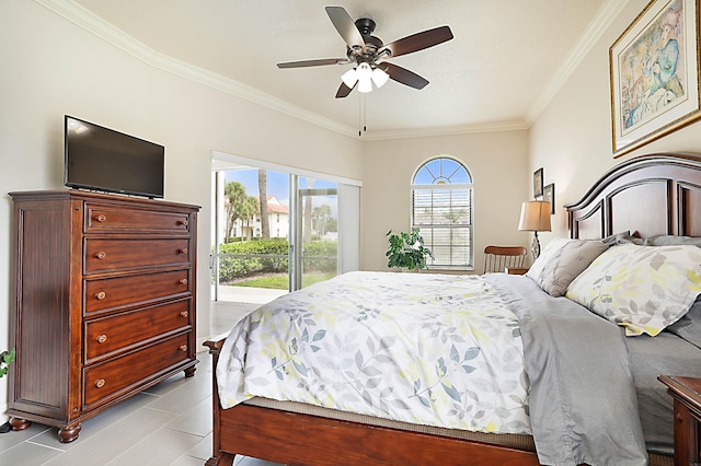 bedroom featuring access to exterior, crown molding, and ceiling fan