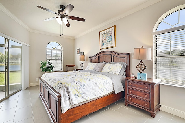 bedroom with light tile patterned floors, crown molding, access to outside, and ceiling fan