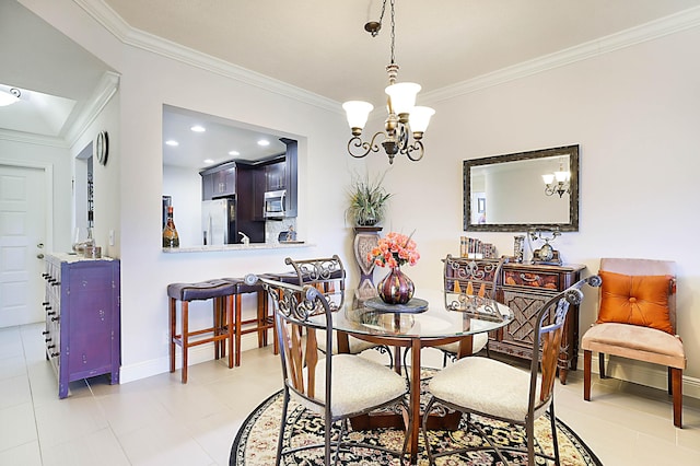 dining space with crown molding and an inviting chandelier