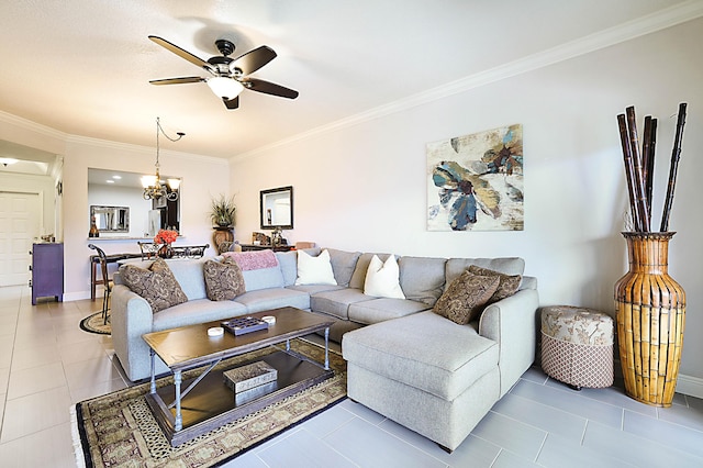 tiled living room with crown molding and ceiling fan with notable chandelier