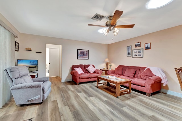 living room featuring ceiling fan and light wood-type flooring