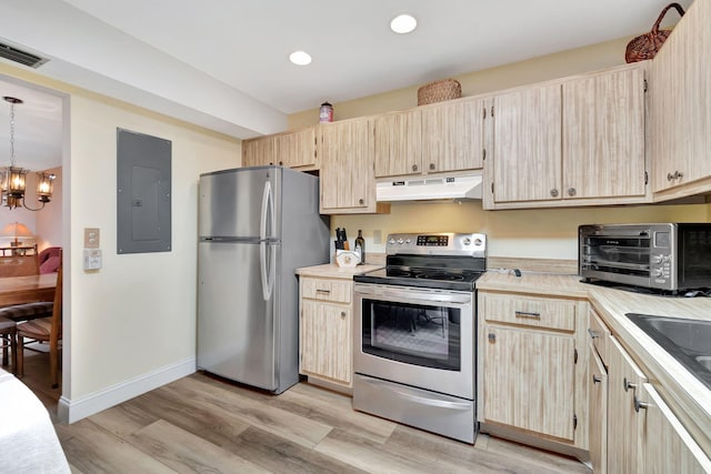 kitchen featuring an inviting chandelier, hanging light fixtures, stainless steel appliances, electric panel, and light brown cabinets