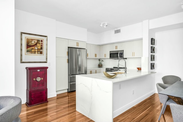 kitchen featuring sink, wood-type flooring, stainless steel appliances, and kitchen peninsula