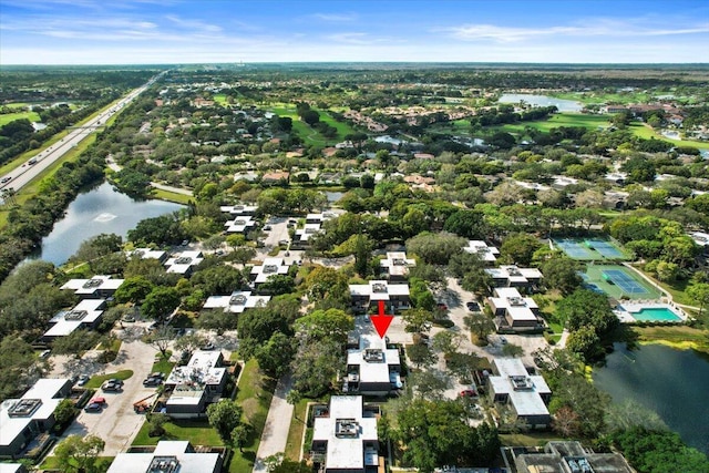 drone / aerial view featuring a water view