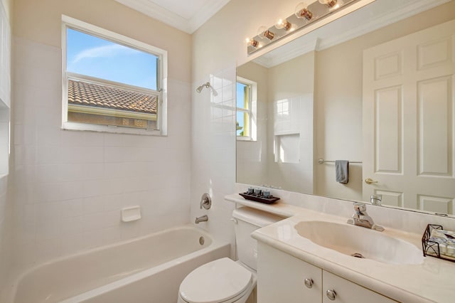 full bath with ornamental molding, toilet, vanity, and washtub / shower combination