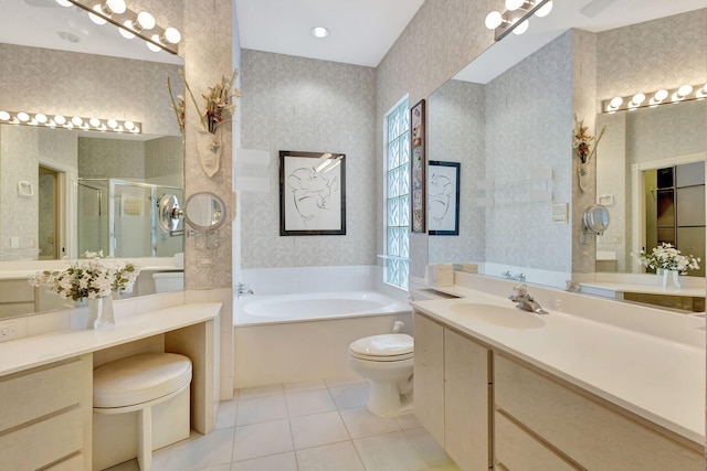 full bathroom with tile patterned flooring, vanity, plus walk in shower, and toilet