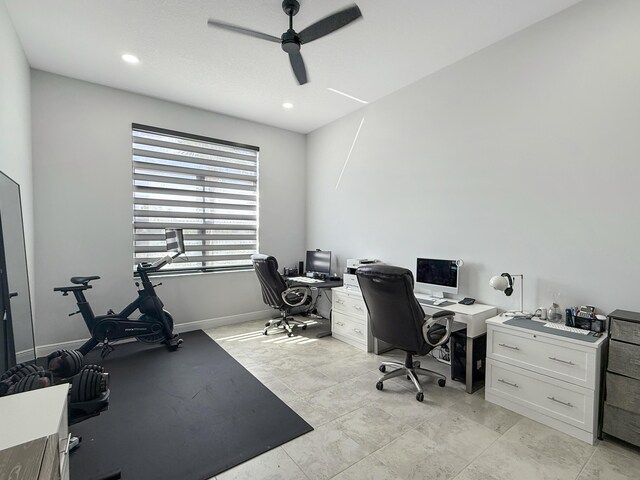 bedroom featuring tile patterned flooring and ceiling fan