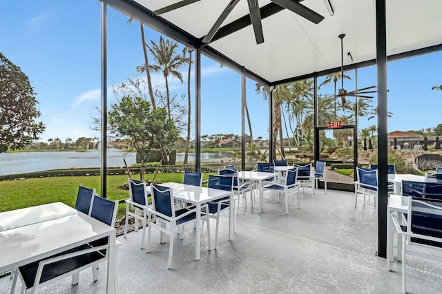 sunroom / solarium featuring a water view and a healthy amount of sunlight