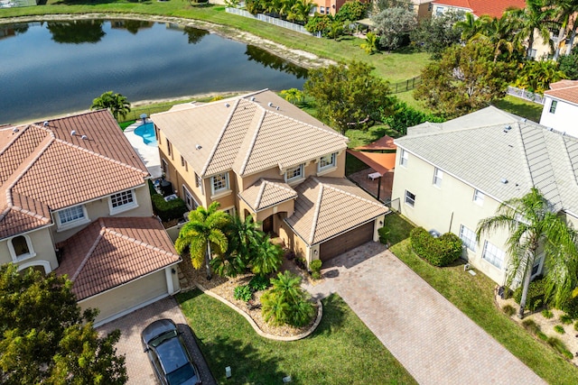 drone / aerial view featuring a water view