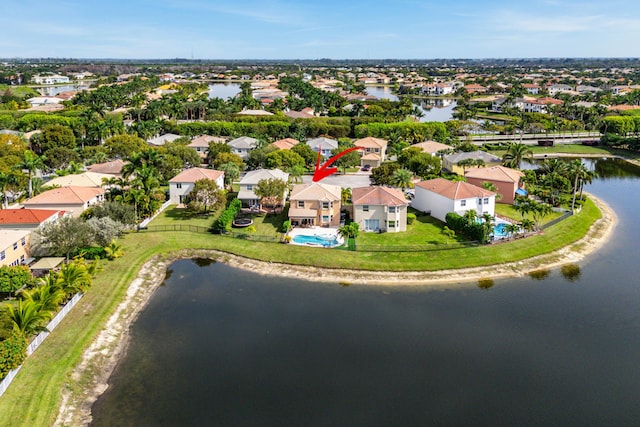 drone / aerial view featuring a water view