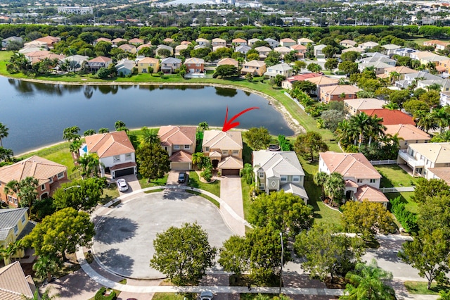 drone / aerial view featuring a water view