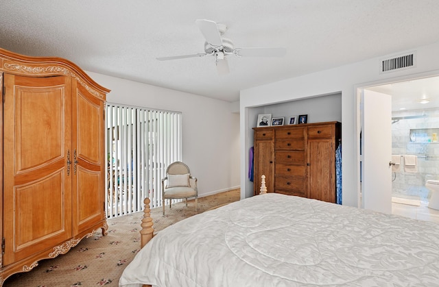 bedroom with connected bathroom, a textured ceiling, and ceiling fan