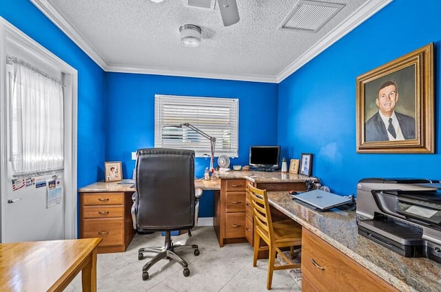 office featuring crown molding, plenty of natural light, and a textured ceiling